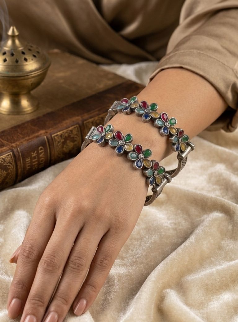 Antique Floral Oxidised Bracelet - Multi Coloured