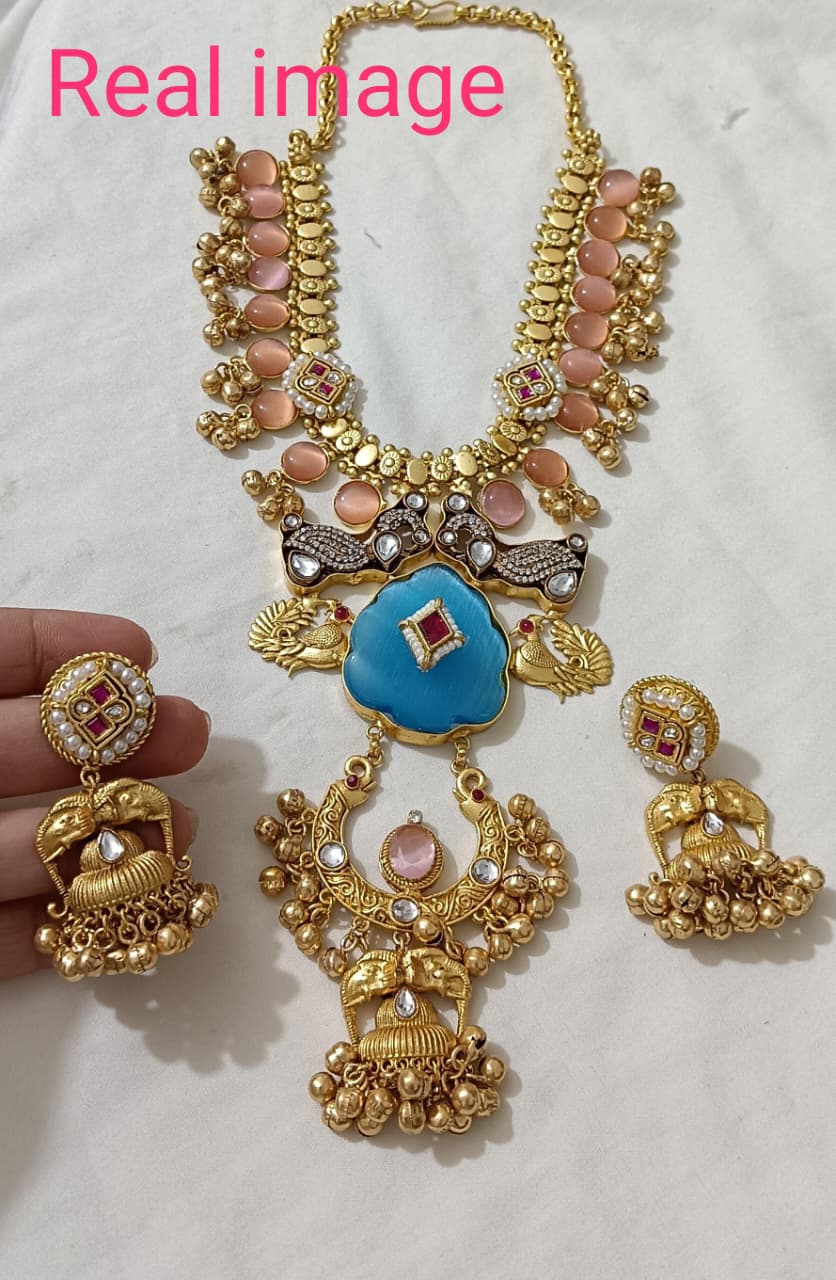 Royal Peacock Blue Stone Temple Necklace Set