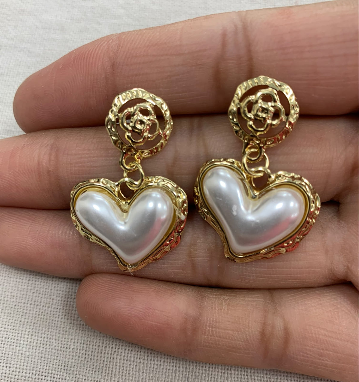 Golden Heart Pearl Drop Earrings