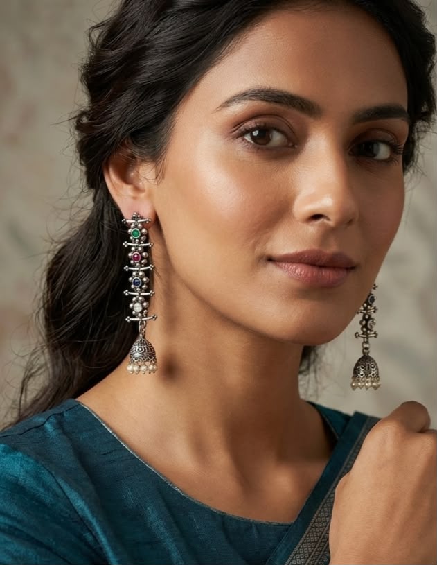 Oxidized Jhumka With Stone Earrings