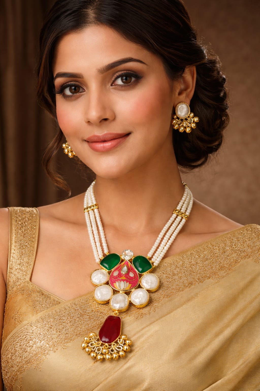 Traditional Long Neck Set With Stone And Pearl