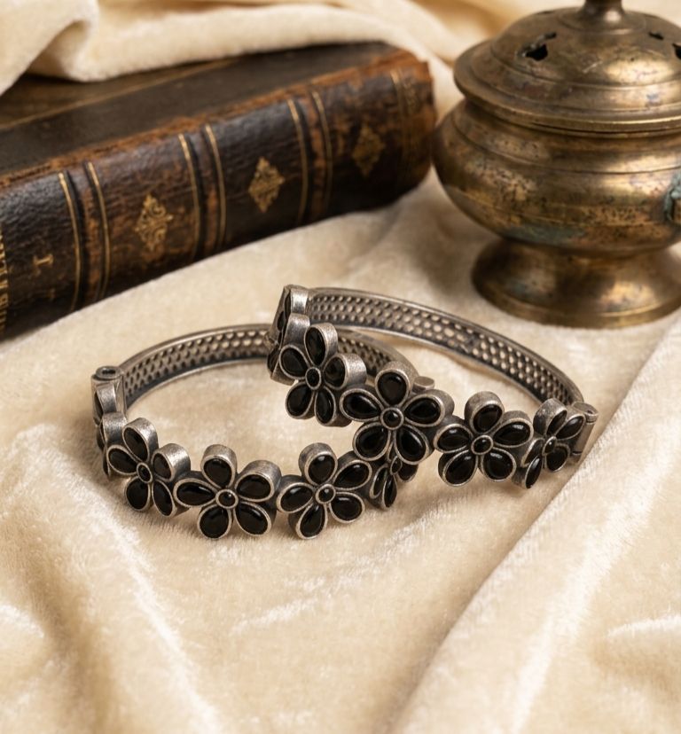 Oxidized Black Floral Kada Set