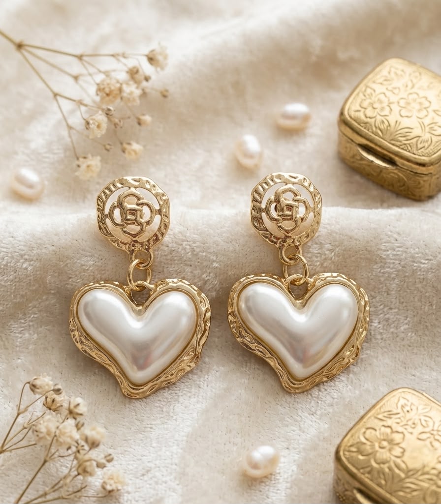 Golden Heart Pearl Drop Earrings