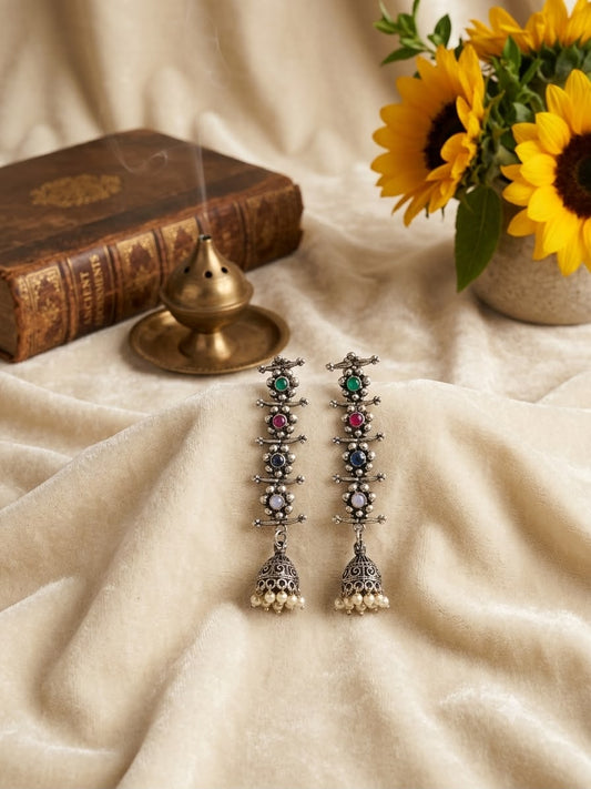Oxidized Jhumka With Stone Earrings