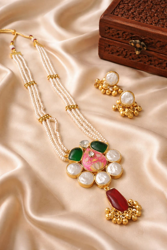 Traditional Long Neck Set With Stone And Pearl
